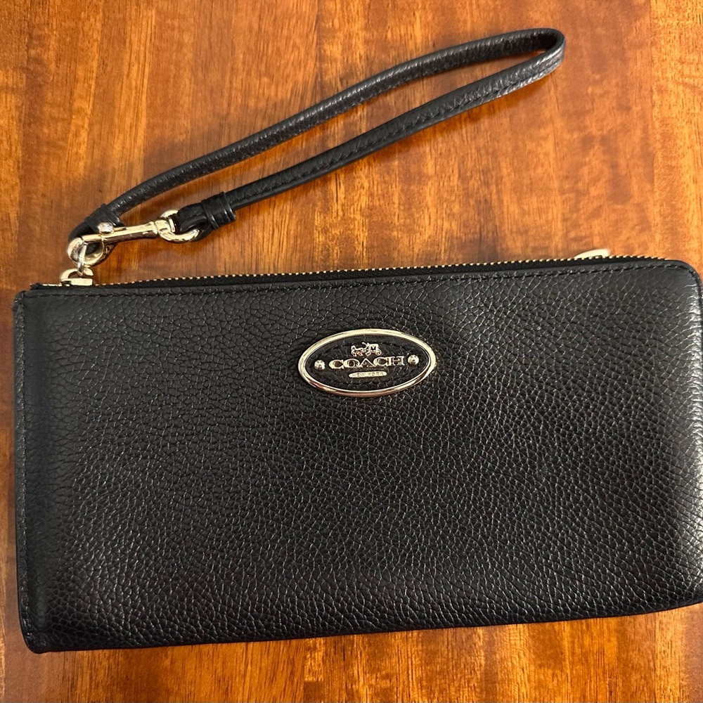 Coach Black Leather Wristlet Wallet with gold details